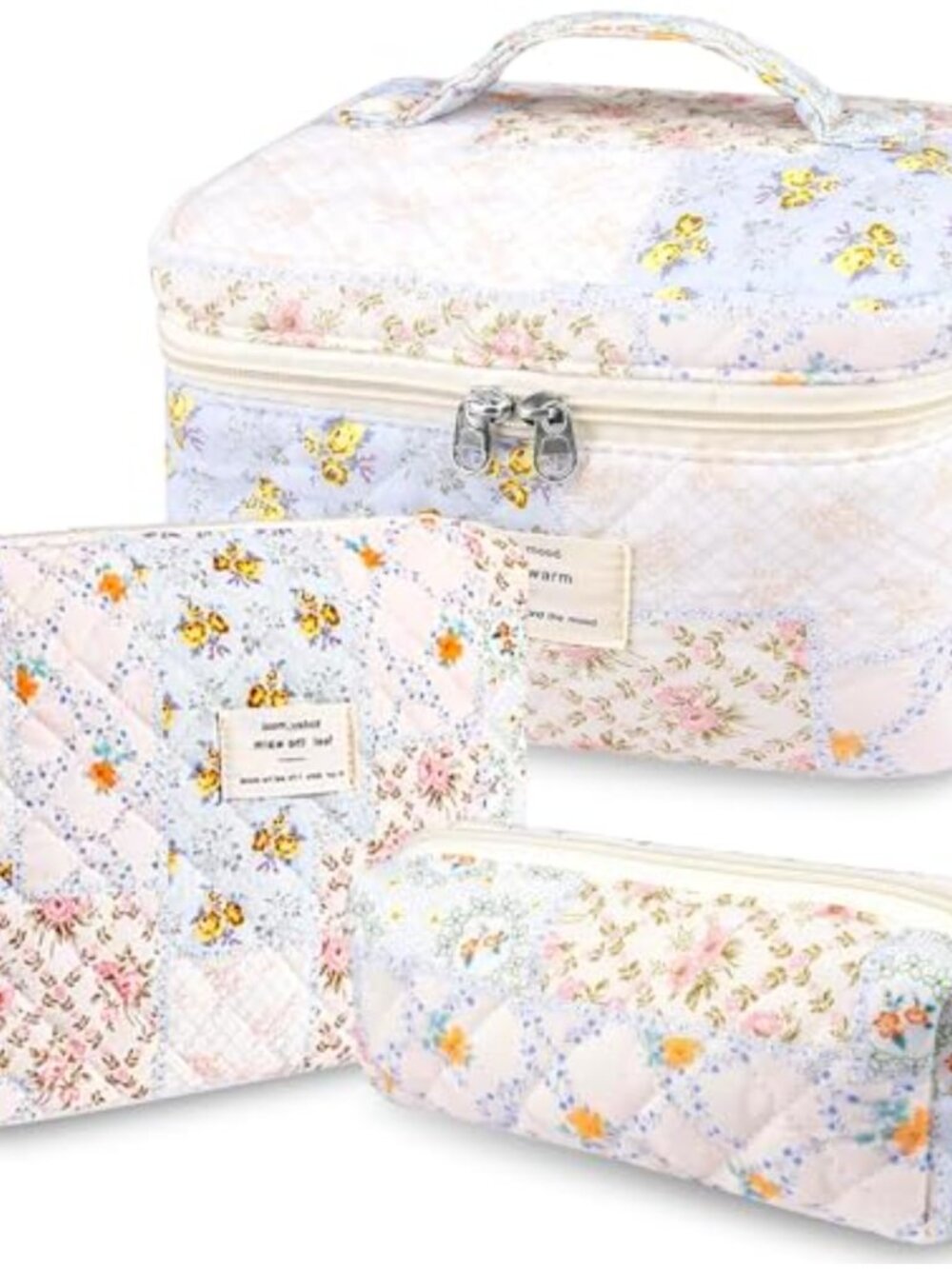Quilted Cotton Makeup Bag Set Floral Cosmetic Pouch Travel Toiletry 3 Piece